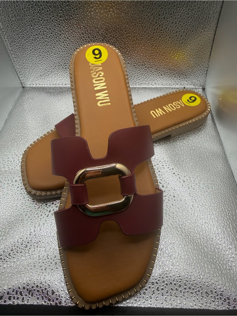 Jason Wu Burgundy Slide Sandals with Gold Buckle